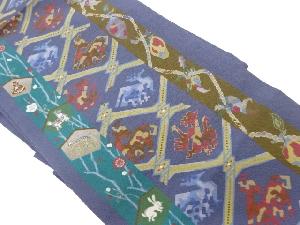 縮緬地金彩手描き動物に野菜・鳥獣模様名古屋帯